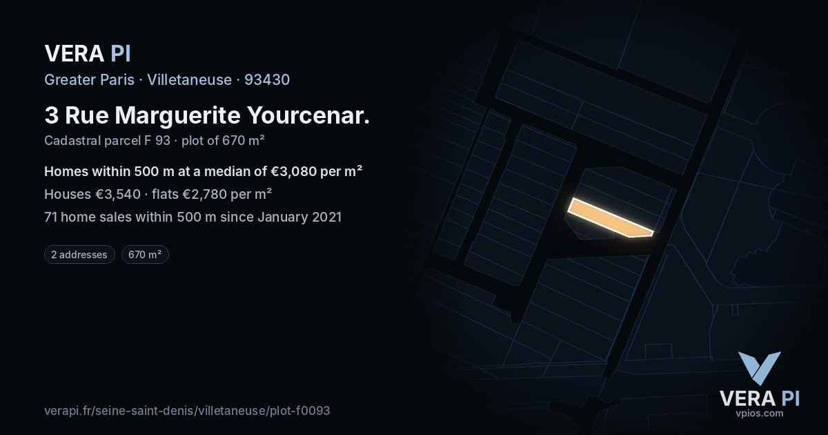 3 Rue Marguerite Yourcenar, Villetaneuse at night – the plot lit, the parcels around coloured by the prices near them