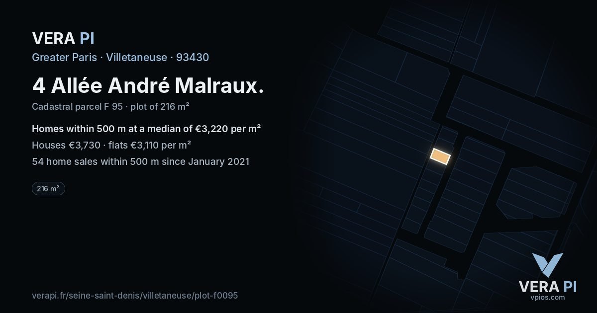4 Allée André Malraux, Villetaneuse at night – the plot lit, the parcels around coloured by the prices near them