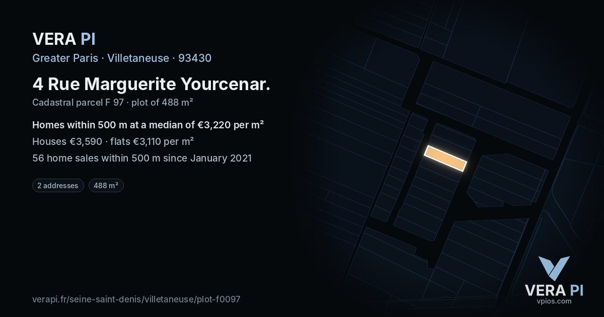 4 Rue Marguerite Yourcenar, Villetaneuse at night – the plot lit, the parcels around coloured by the prices near them