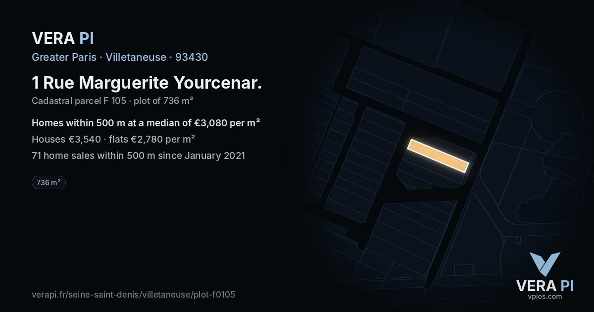 1 Rue Marguerite Yourcenar, Villetaneuse at night – the plot lit, the parcels around coloured by the prices near them