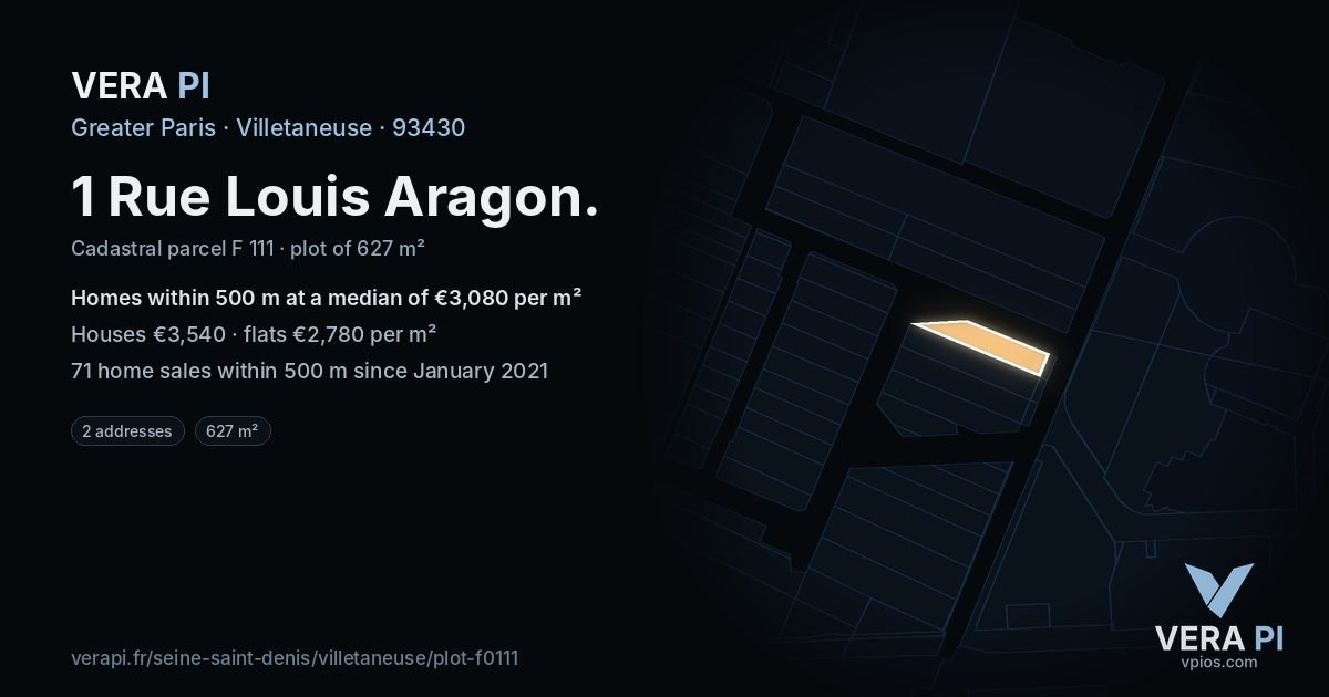 1 Rue Louis Aragon, Villetaneuse at night – the plot lit, the parcels around coloured by the prices near them