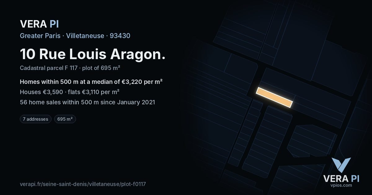 10 Rue Louis Aragon, Villetaneuse at night – the plot lit, the parcels around coloured by the prices near them
