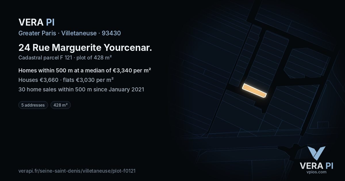 24 Rue Marguerite Yourcenar, Villetaneuse at night – the plot lit, the parcels around coloured by the prices near them