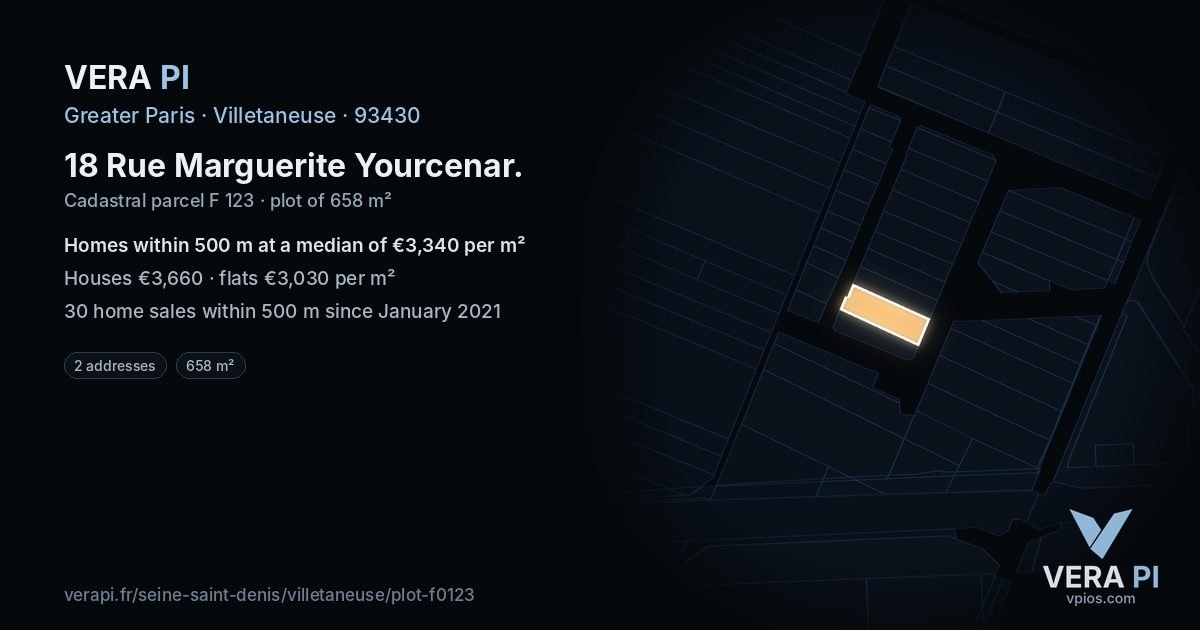 18 Rue Marguerite Yourcenar, Villetaneuse at night – the plot lit, the parcels around coloured by the prices near them