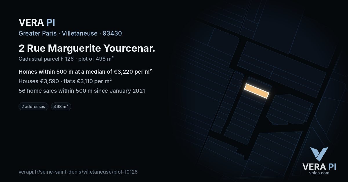 2 Rue Marguerite Yourcenar, Villetaneuse at night – the plot lit, the parcels around coloured by the prices near them