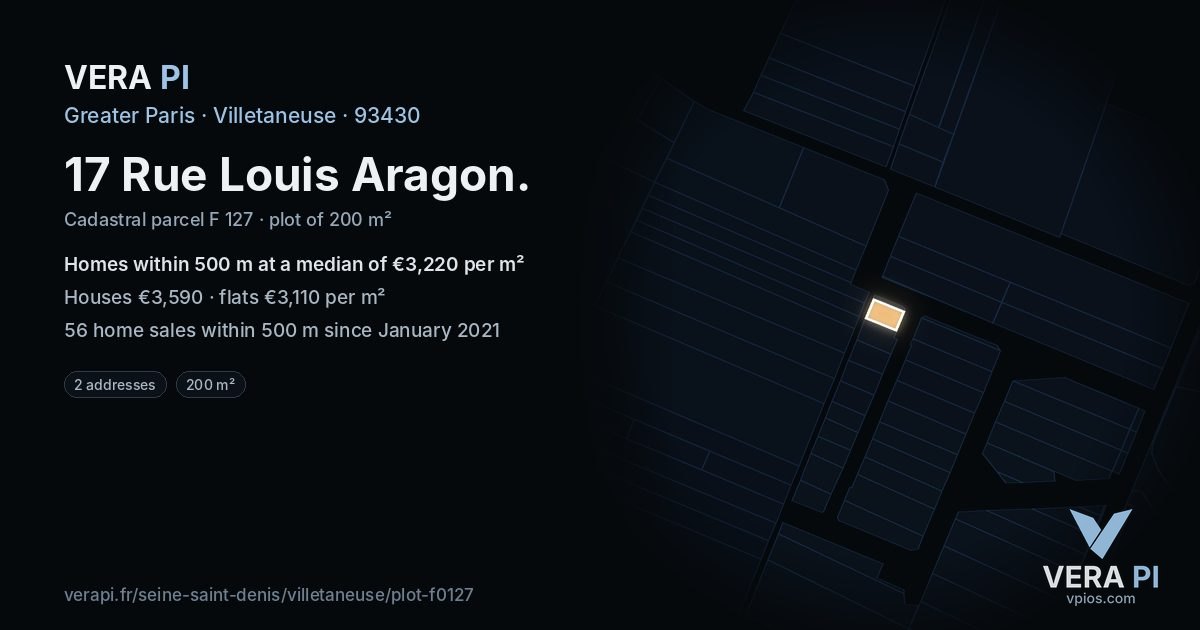 17 Rue Louis Aragon, Villetaneuse at night – the plot lit, the parcels around coloured by the prices near them