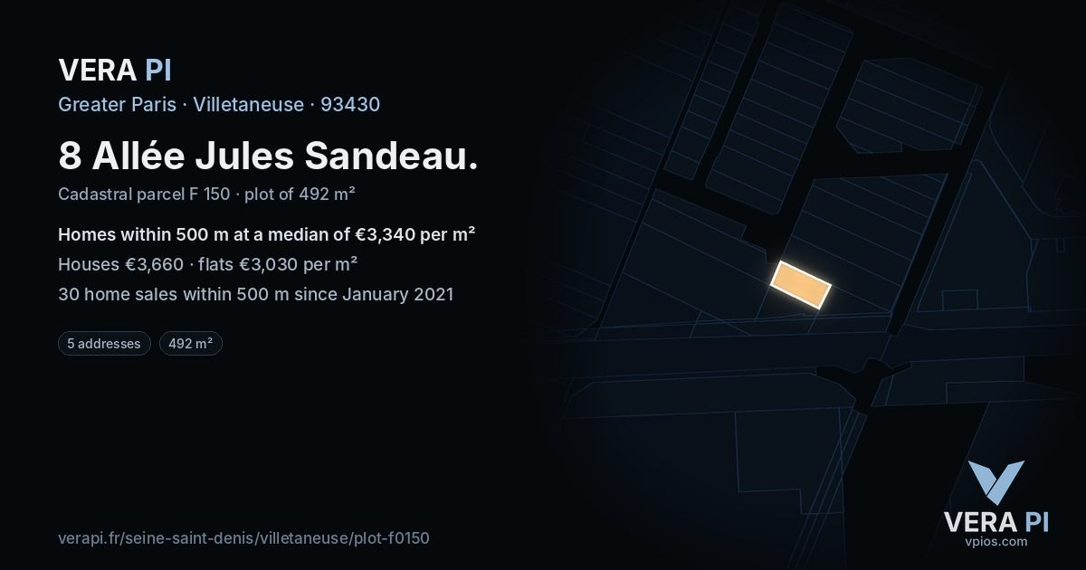 8 Allée Jules Sandeau, Villetaneuse at night – the plot lit, the parcels around coloured by the prices near them