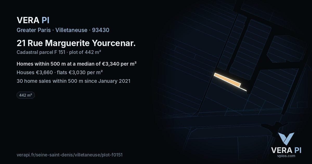21 Rue Marguerite Yourcenar, Villetaneuse at night – the plot lit, the parcels around coloured by the prices near them