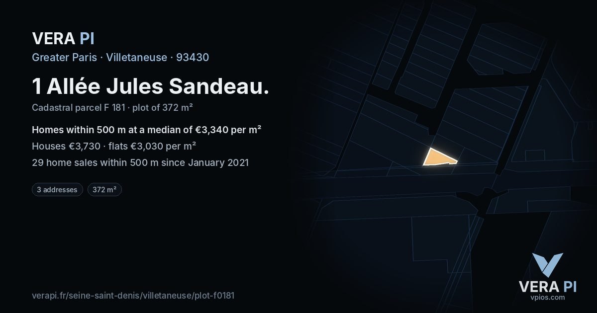 1 Allée Jules Sandeau, Villetaneuse at night – the plot lit, the parcels around coloured by the prices near them