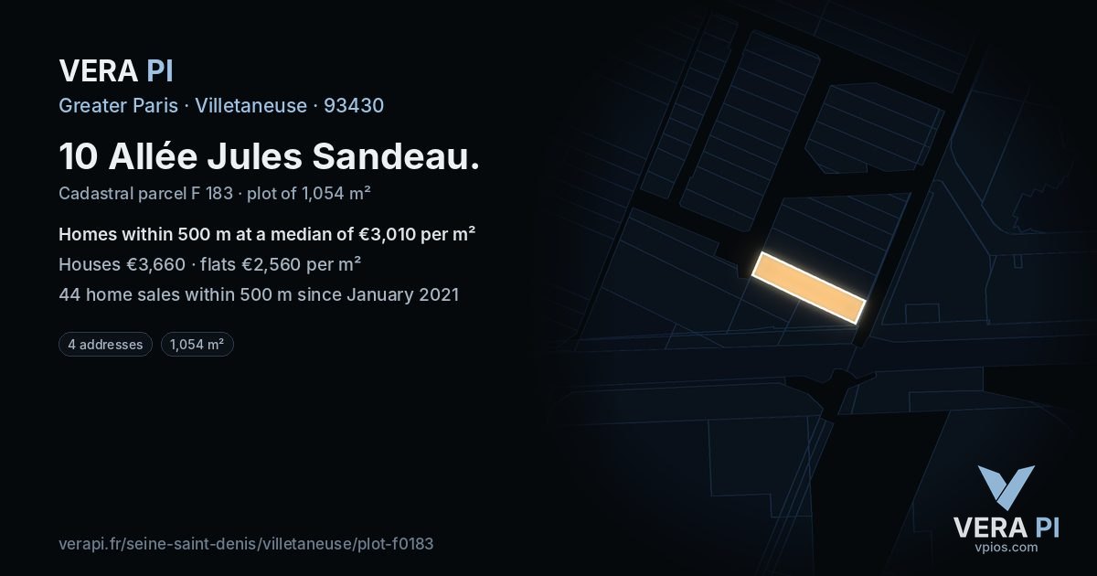 10 Allée Jules Sandeau, Villetaneuse at night – the plot lit, the parcels around coloured by the prices near them