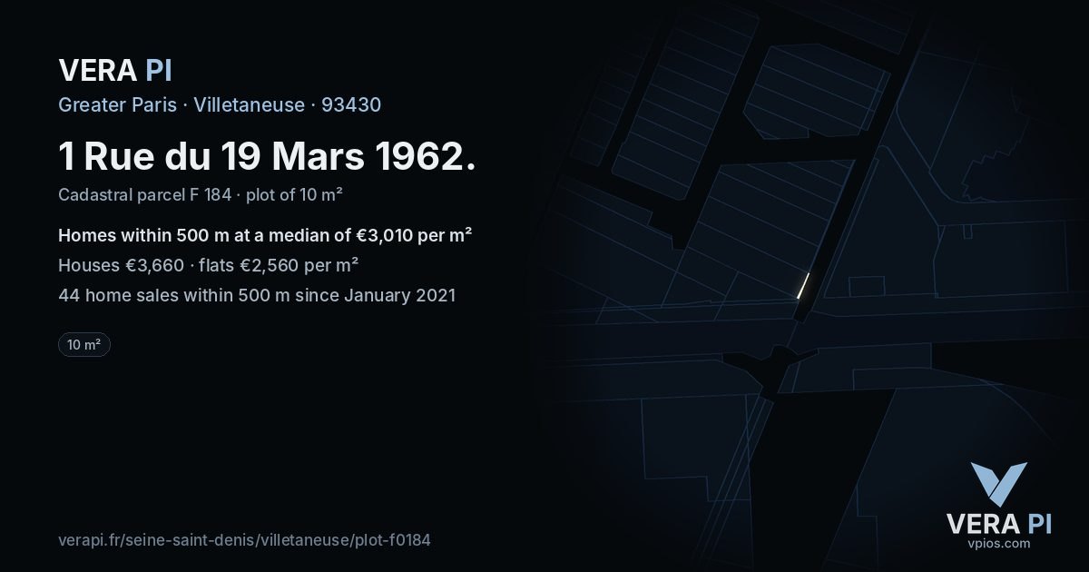 1 Rue du 19 Mars 1962, Villetaneuse at night – the plot lit, the parcels around coloured by the prices near them