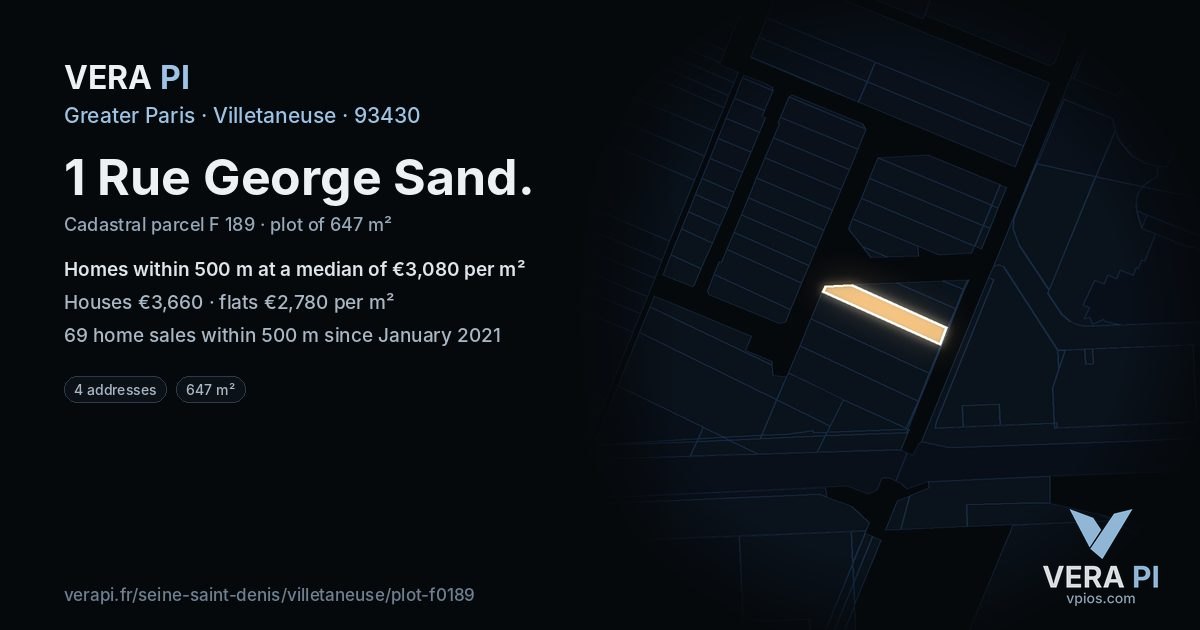 1 Rue George Sand, Villetaneuse at night – the plot lit, the parcels around coloured by the prices near them