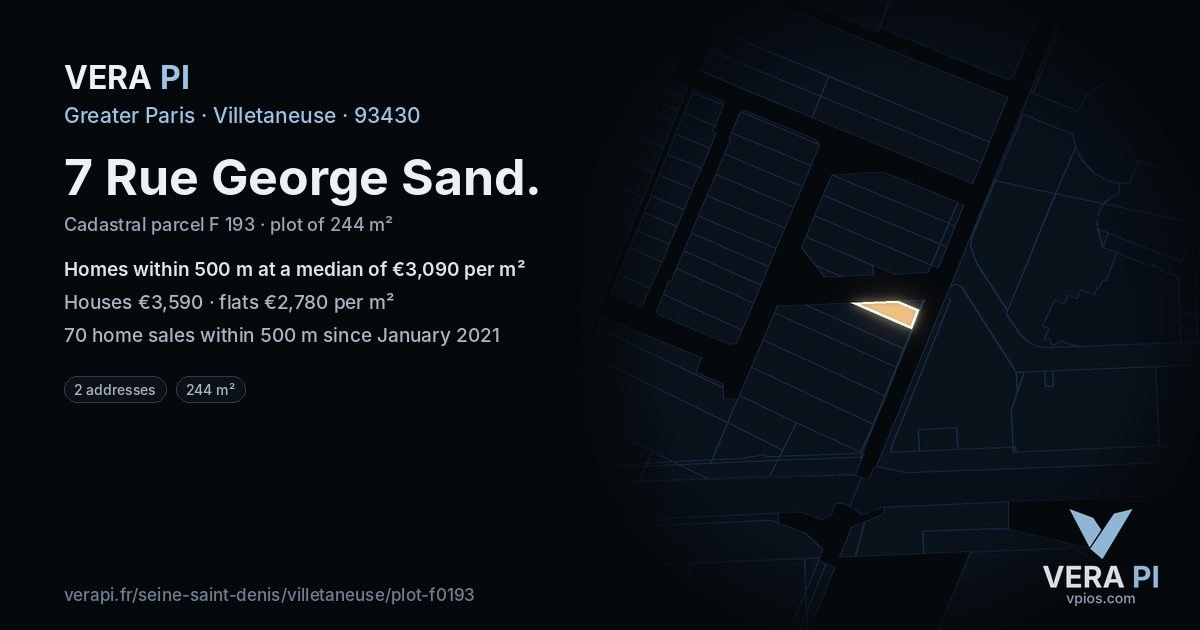 7 Rue George Sand, Villetaneuse at night – the plot lit, the parcels around coloured by the prices near them