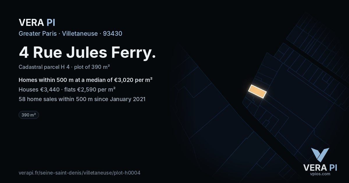 4 Rue Jules Ferry, Villetaneuse at night – the plot lit, the parcels around coloured by the prices near them
