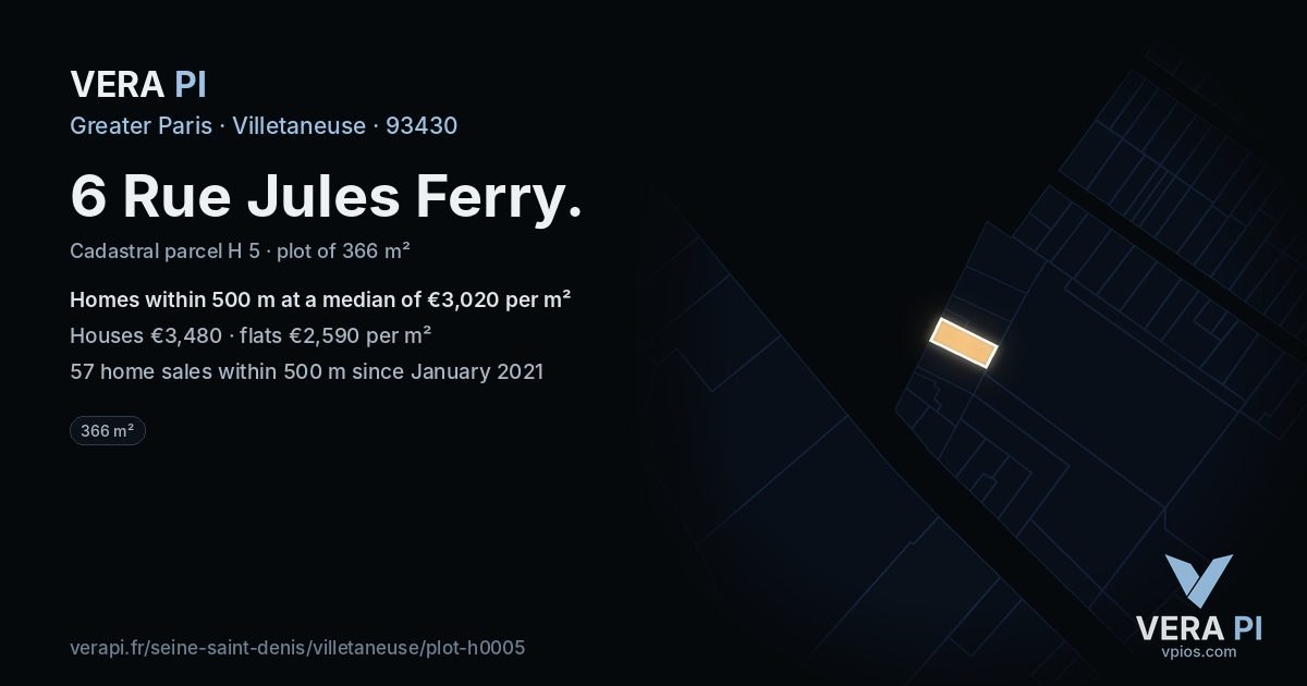 6 Rue Jules Ferry, Villetaneuse at night – the plot lit, the parcels around coloured by the prices near them