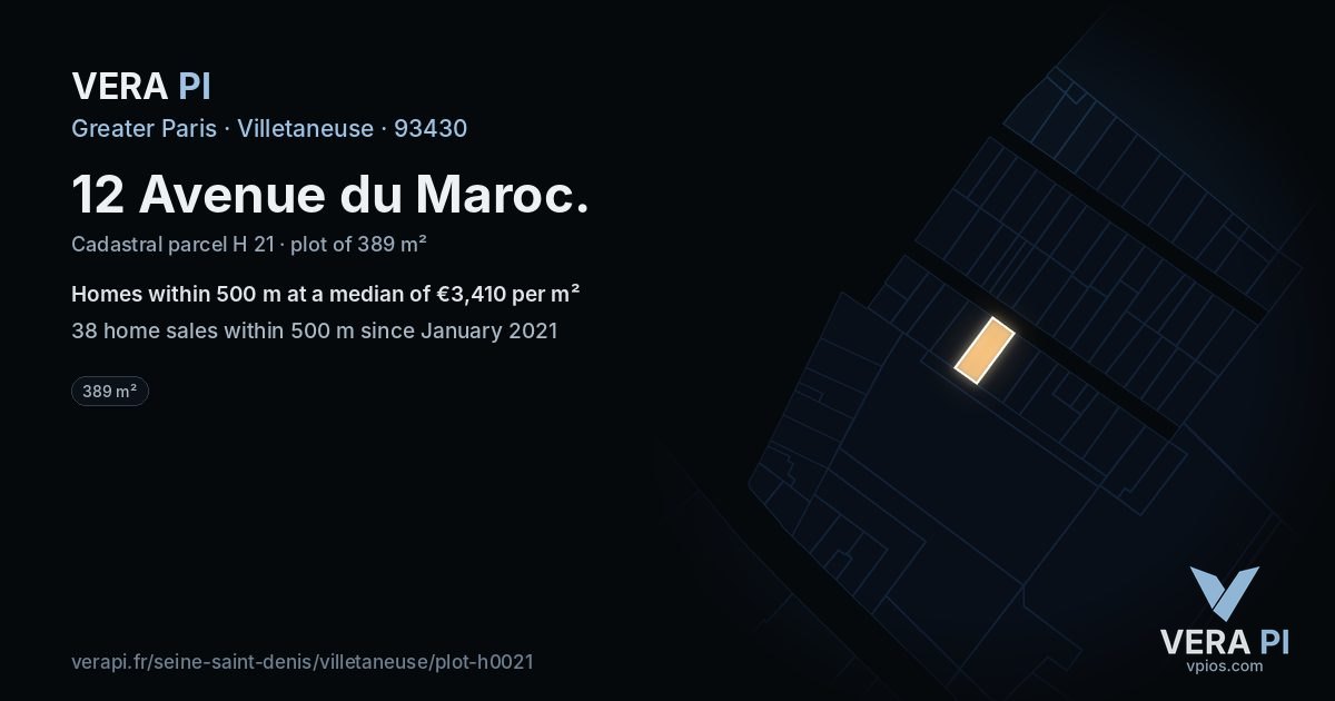 12 Avenue du Maroc, Villetaneuse at night – the plot lit, the parcels around coloured by the prices near them