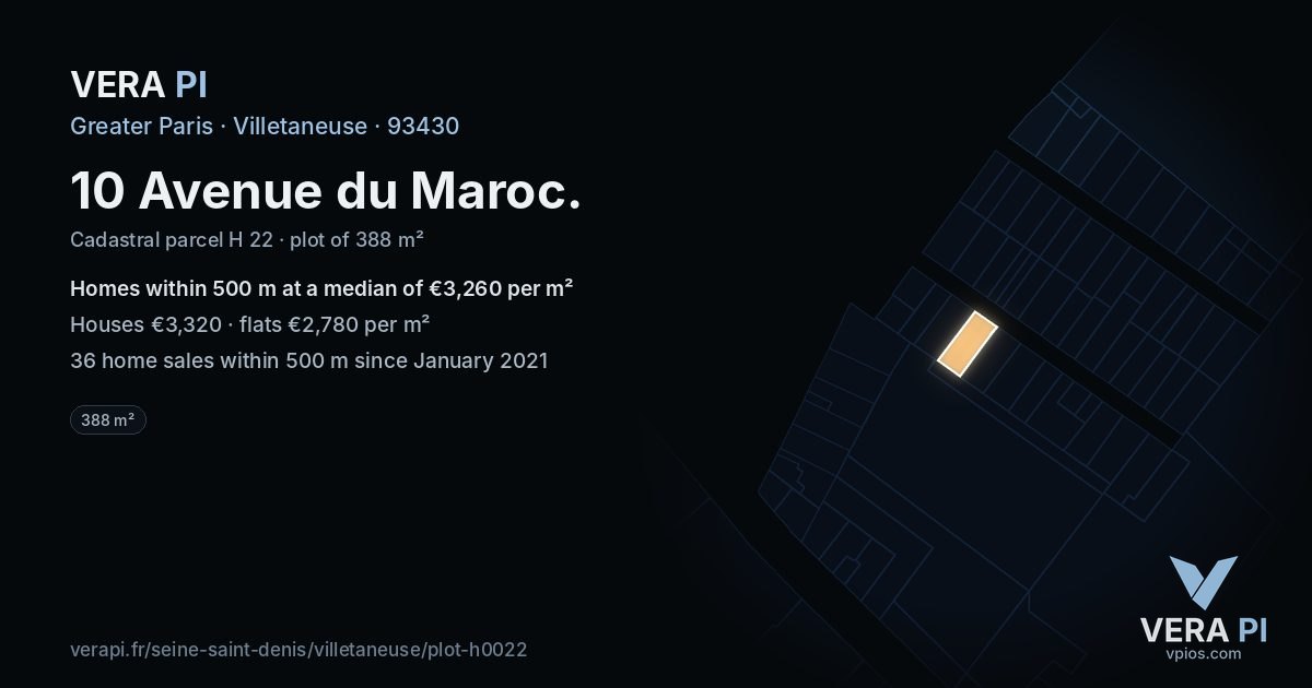 10 Avenue du Maroc, Villetaneuse at night – the plot lit, the parcels around coloured by the prices near them