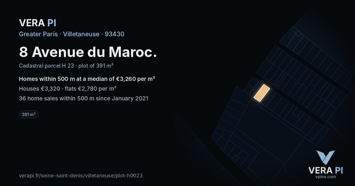 8 Avenue du Maroc, Villetaneuse at night – the plot lit, the parcels around coloured by the prices near them