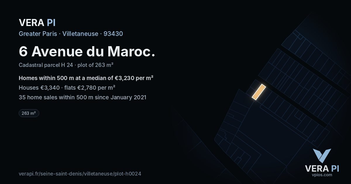 6 Avenue du Maroc, Villetaneuse at night – the plot lit, the parcels around coloured by the prices near them