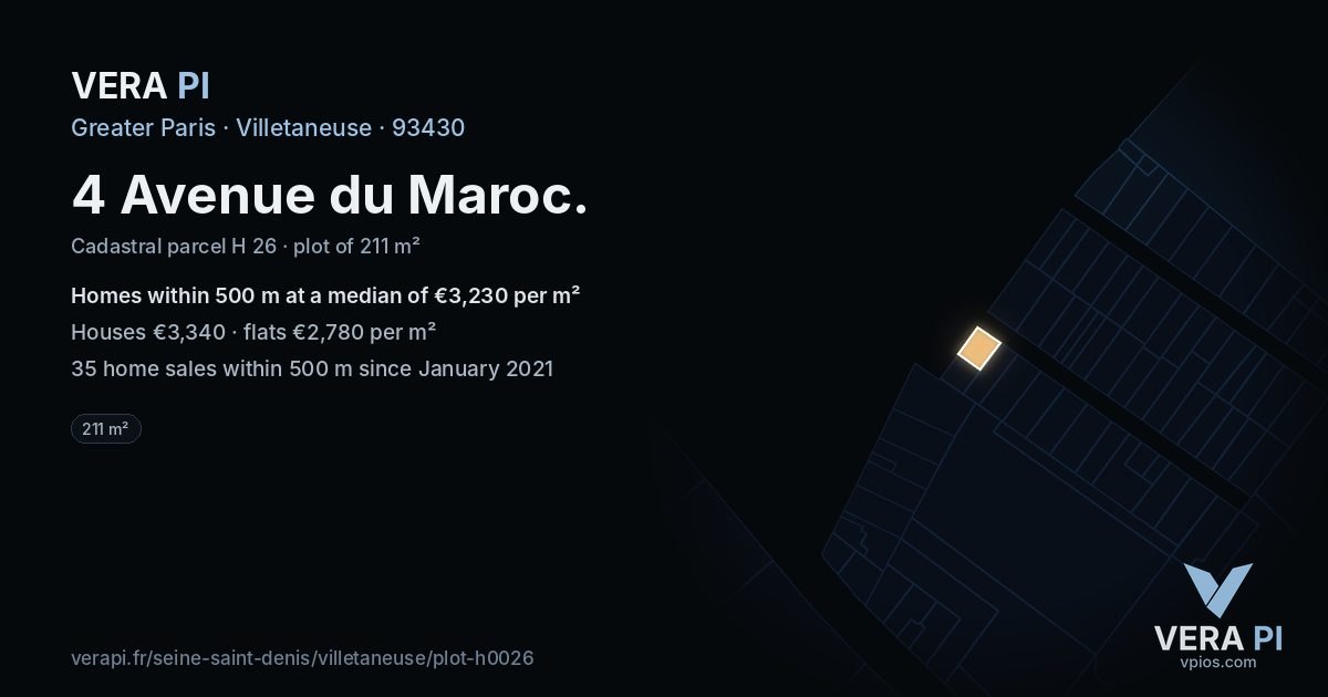 4 Avenue du Maroc, Villetaneuse at night – the plot lit, the parcels around coloured by the prices near them