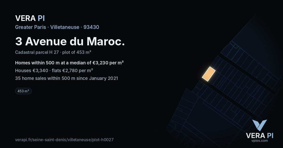 3 Avenue du Maroc, Villetaneuse at night – the plot lit, the parcels around coloured by the prices near them