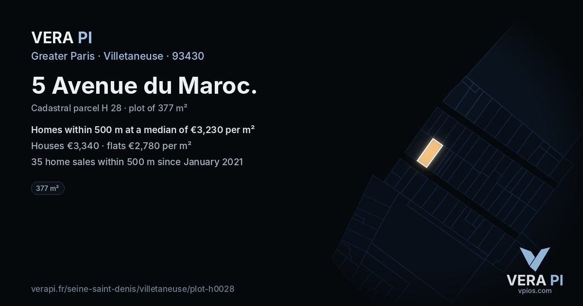 5 Avenue du Maroc, Villetaneuse at night – the plot lit, the parcels around coloured by the prices near them
