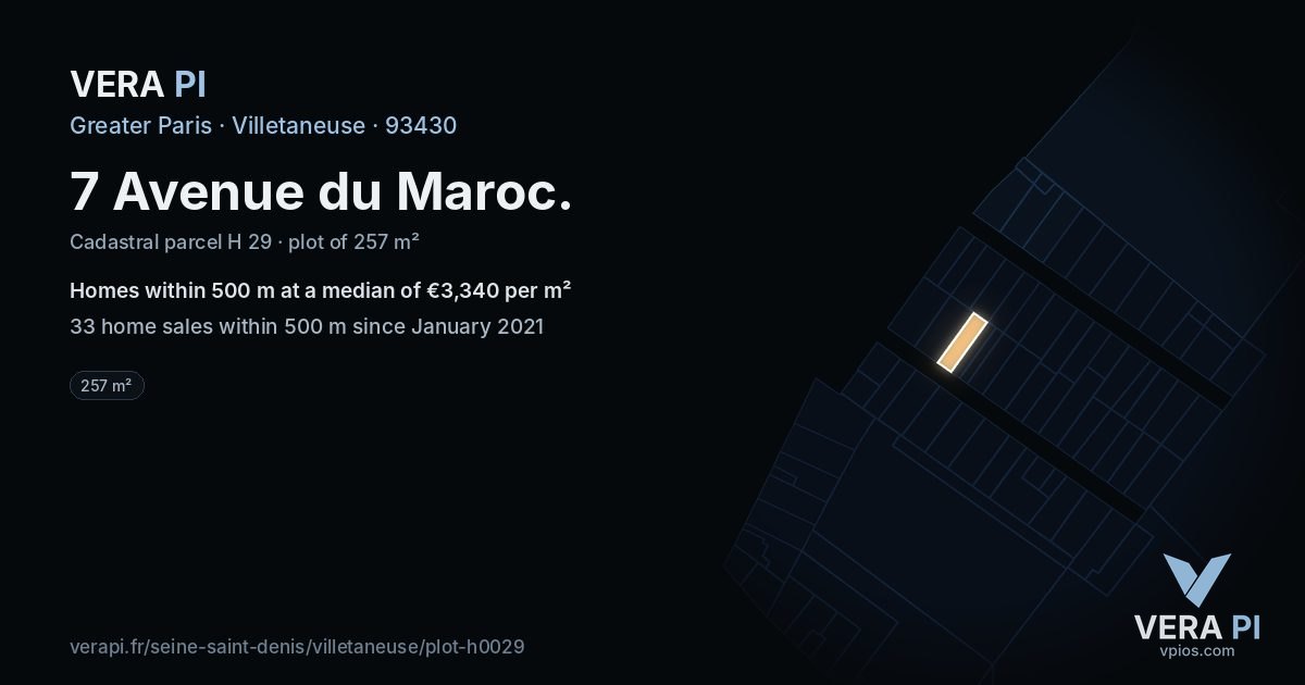 7 Avenue du Maroc, Villetaneuse at night – the plot lit, the parcels around coloured by the prices near them