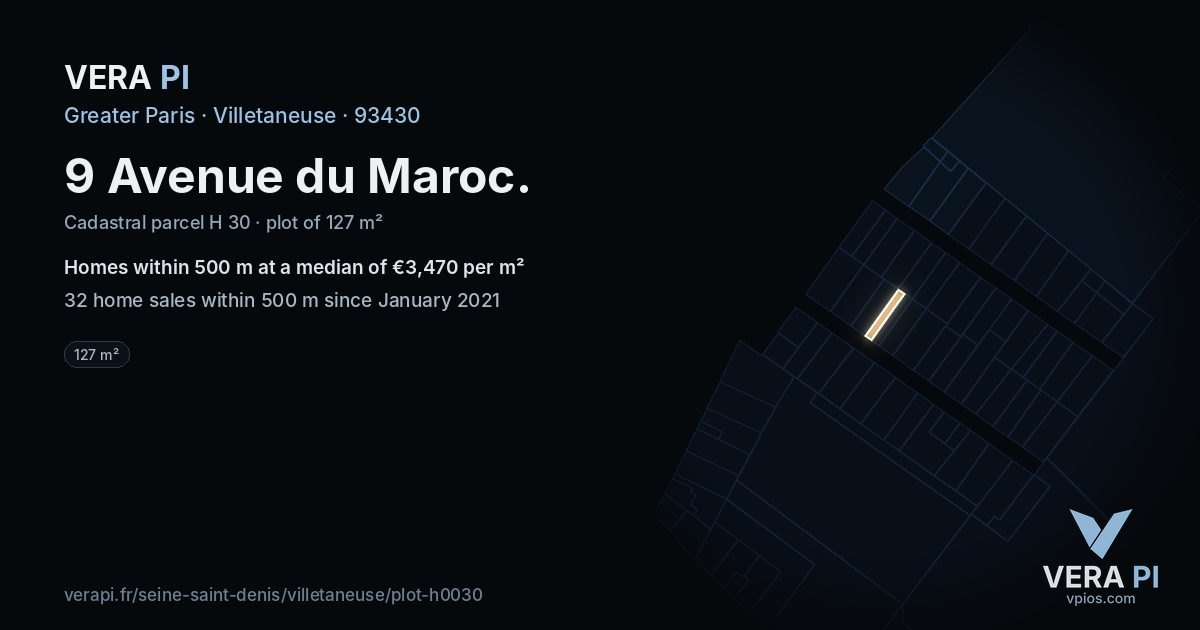 9 Avenue du Maroc, Villetaneuse at night – the plot lit, the parcels around coloured by the prices near them