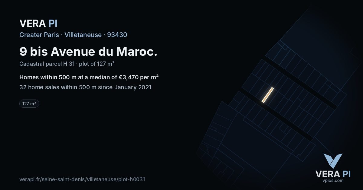 9 bis Avenue du Maroc, Villetaneuse at night – the plot lit, the parcels around coloured by the prices near them
