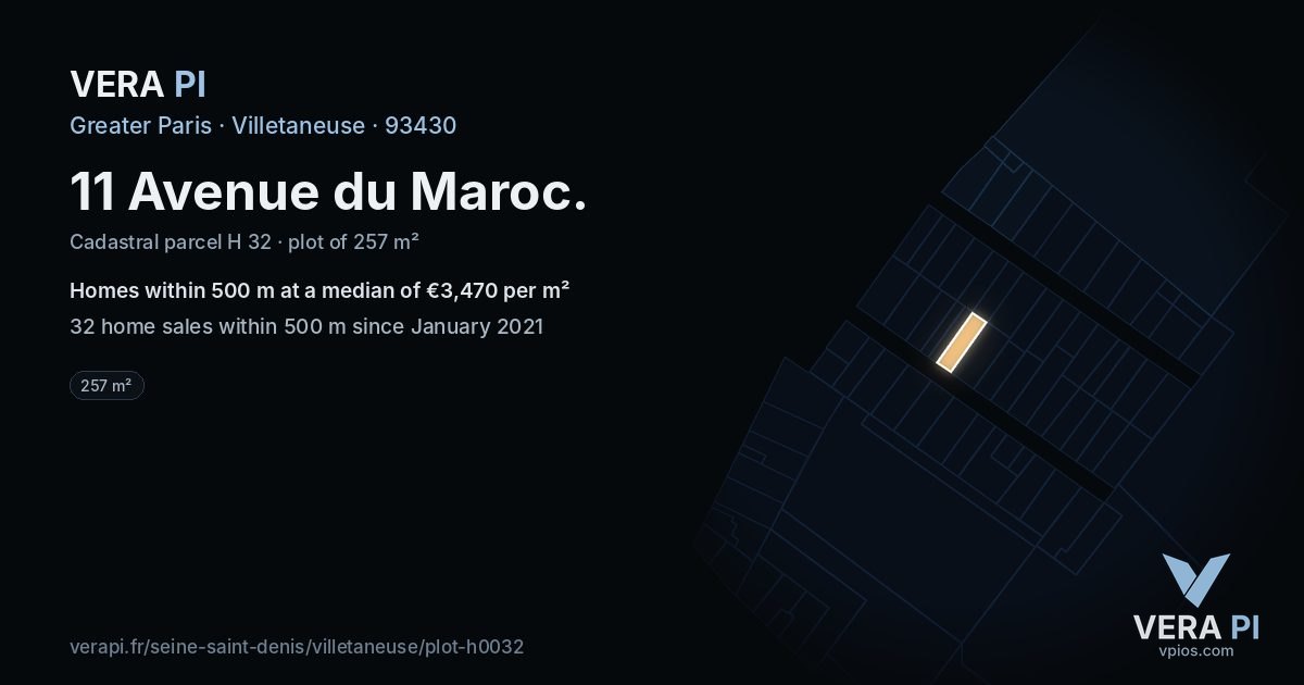 11 Avenue du Maroc, Villetaneuse at night – the plot lit, the parcels around coloured by the prices near them