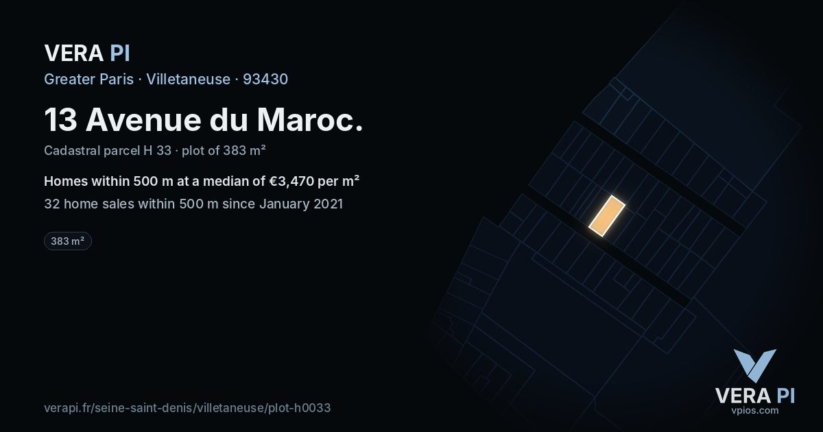13 Avenue du Maroc, Villetaneuse at night – the plot lit, the parcels around coloured by the prices near them