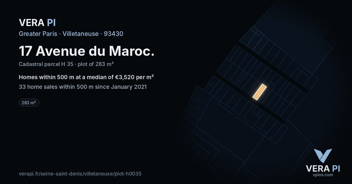 17 Avenue du Maroc, Villetaneuse at night – the plot lit, the parcels around coloured by the prices near them