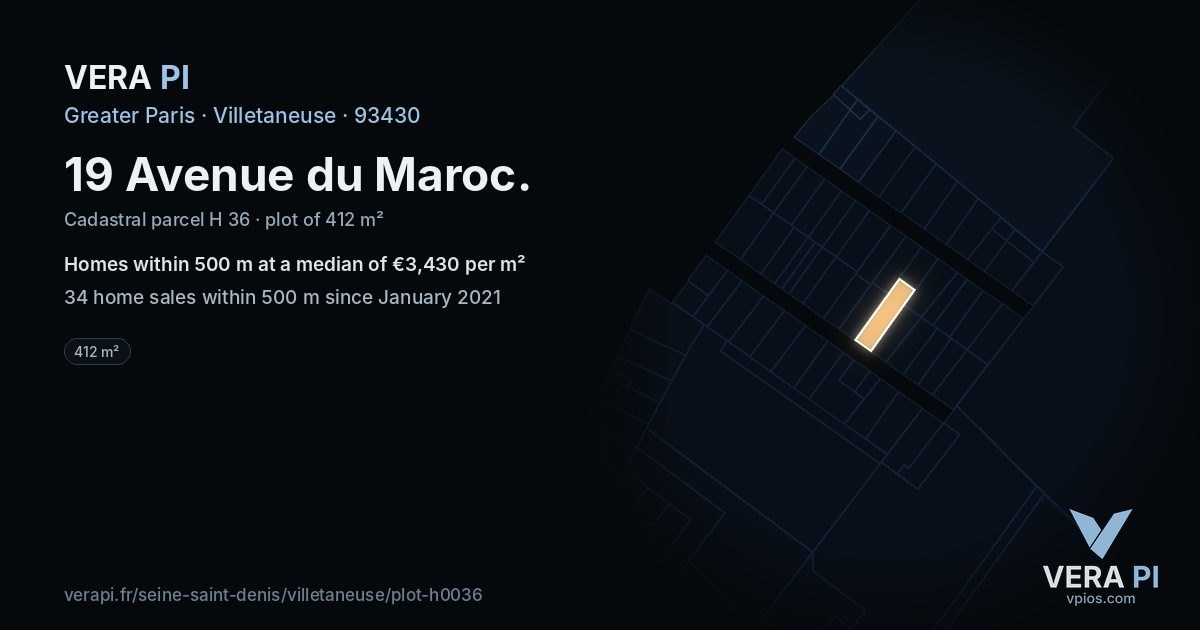 19 Avenue du Maroc, Villetaneuse at night – the plot lit, the parcels around coloured by the prices near them