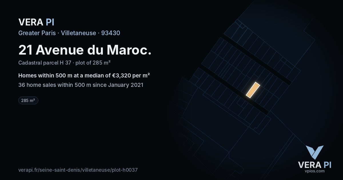 21 Avenue du Maroc, Villetaneuse at night – the plot lit, the parcels around coloured by the prices near them