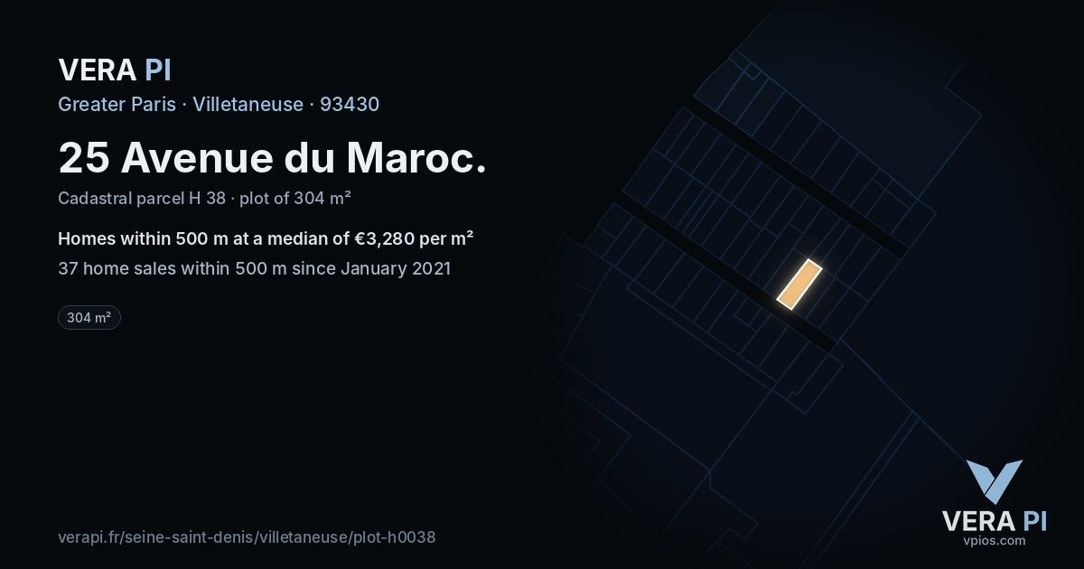 25 Avenue du Maroc, Villetaneuse at night – the plot lit, the parcels around coloured by the prices near them