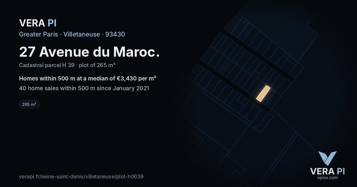 27 Avenue du Maroc, Villetaneuse at night – the plot lit, the parcels around coloured by the prices near them