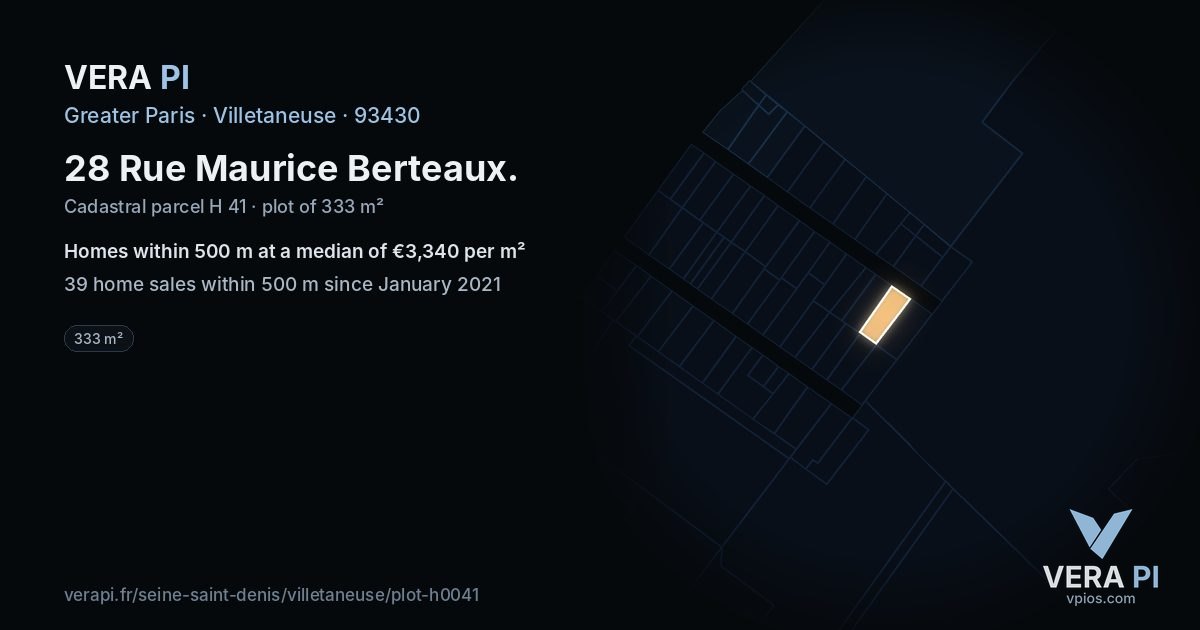 28 Rue Maurice Berteaux, Villetaneuse at night – the plot lit, the parcels around coloured by the prices near them