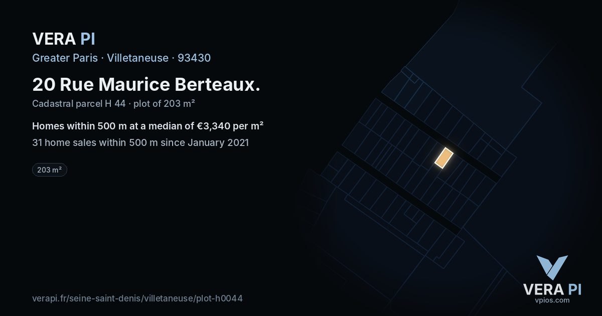 20 Rue Maurice Berteaux, Villetaneuse at night – the plot lit, the parcels around coloured by the prices near them