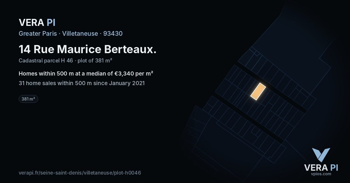 14 Rue Maurice Berteaux, Villetaneuse at night – the plot lit, the parcels around coloured by the prices near them