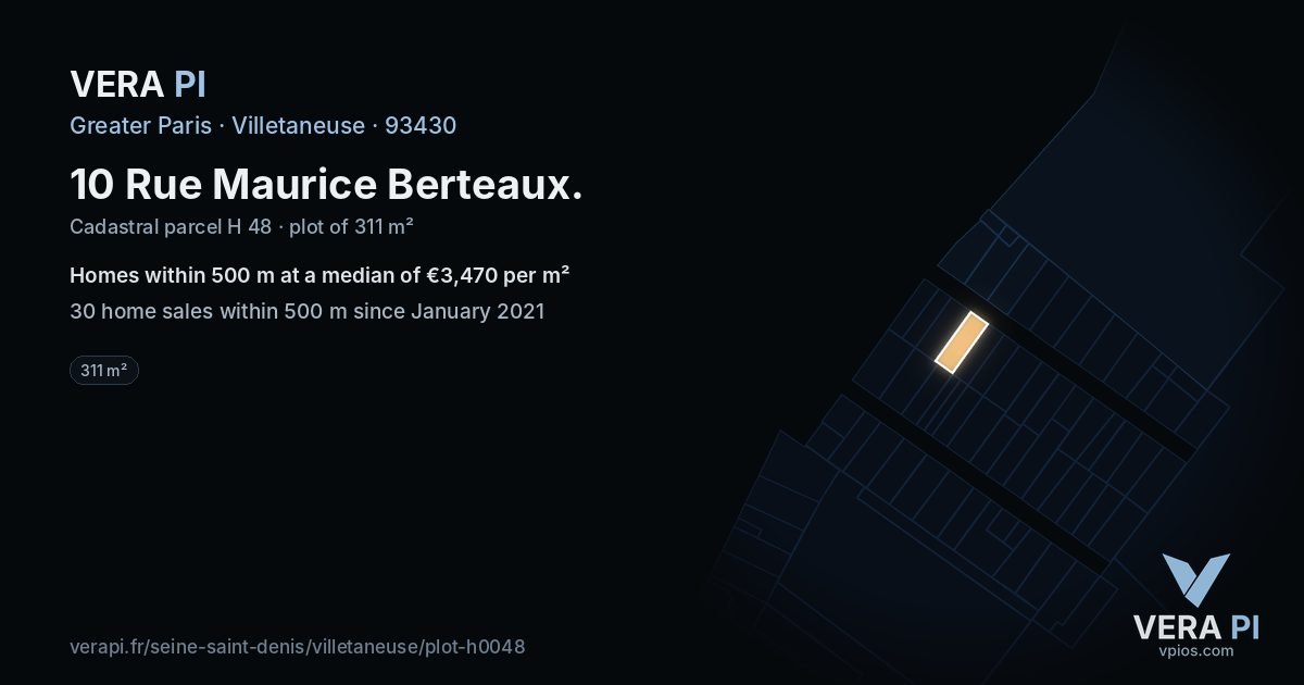 10 Rue Maurice Berteaux, Villetaneuse at night – the plot lit, the parcels around coloured by the prices near them