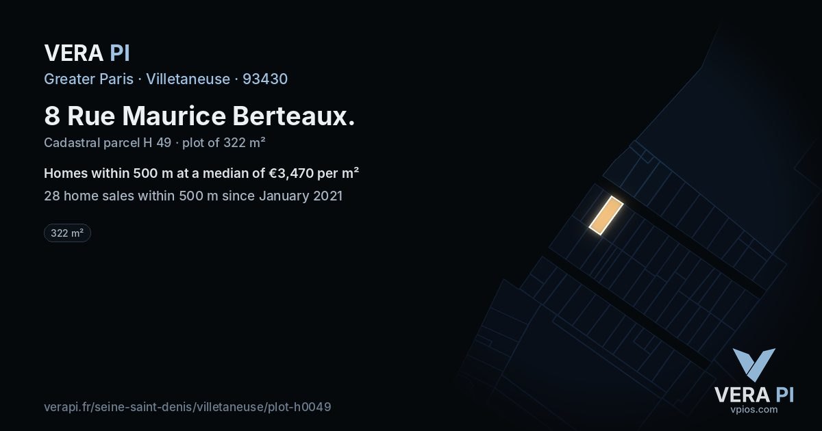 8 Rue Maurice Berteaux, Villetaneuse at night – the plot lit, the parcels around coloured by the prices near them