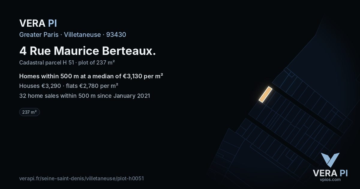 4 Rue Maurice Berteaux, Villetaneuse at night – the plot lit, the parcels around coloured by the prices near them