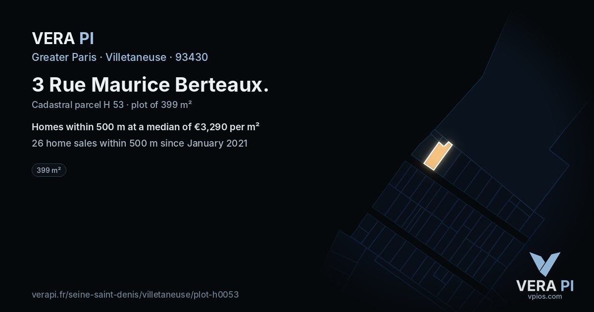 3 Rue Maurice Berteaux, Villetaneuse at night – the plot lit, the parcels around coloured by the prices near them