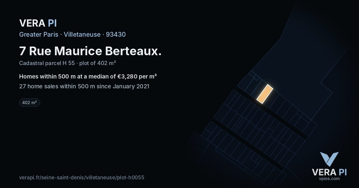 7 Rue Maurice Berteaux, Villetaneuse at night – the plot lit, the parcels around coloured by the prices near them
