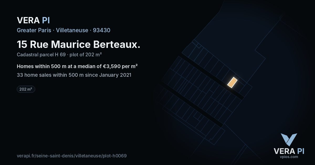15 Rue Maurice Berteaux, Villetaneuse at night – the plot lit, the parcels around coloured by the prices near them