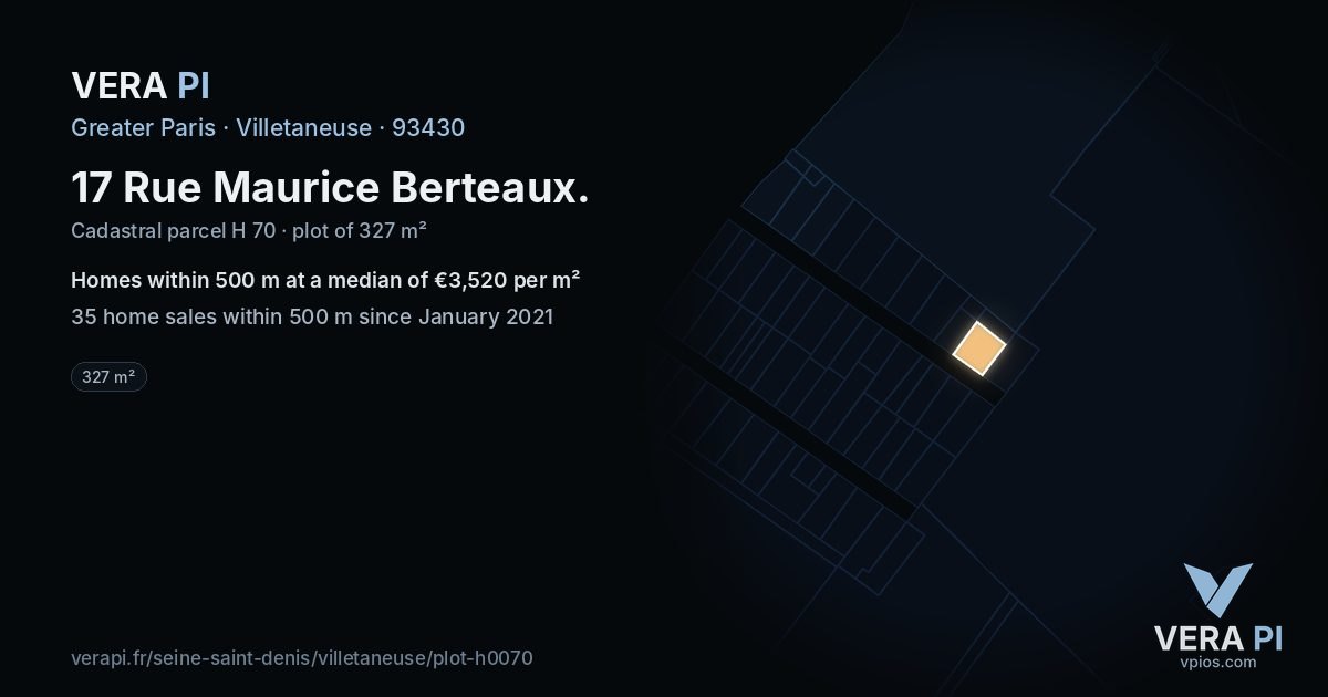 17 Rue Maurice Berteaux, Villetaneuse at night – the plot lit, the parcels around coloured by the prices near them