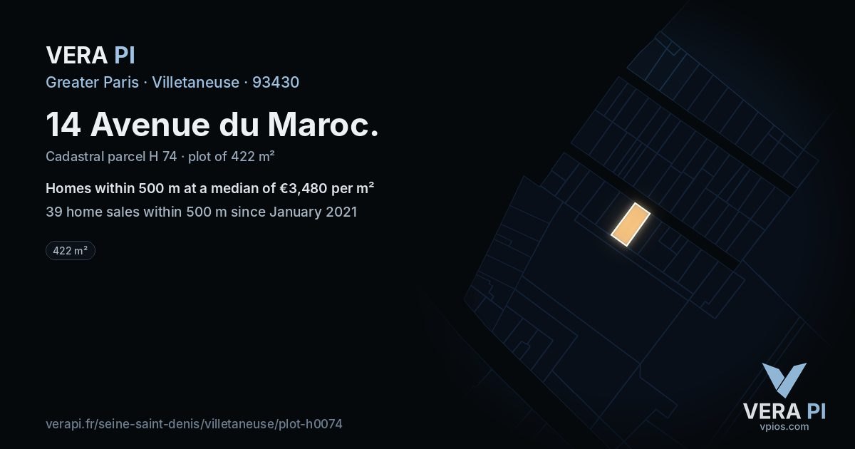 14 Avenue du Maroc, Villetaneuse at night – the plot lit, the parcels around coloured by the prices near them