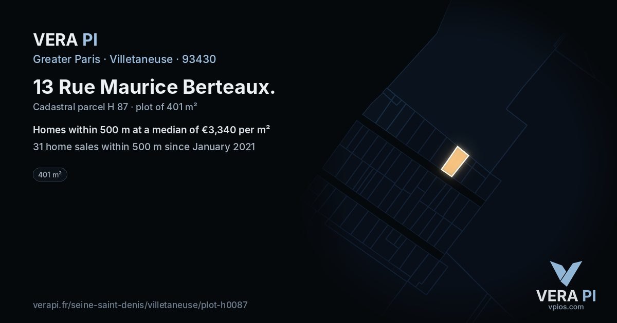 13 Rue Maurice Berteaux, Villetaneuse at night – the plot lit, the parcels around coloured by the prices near them