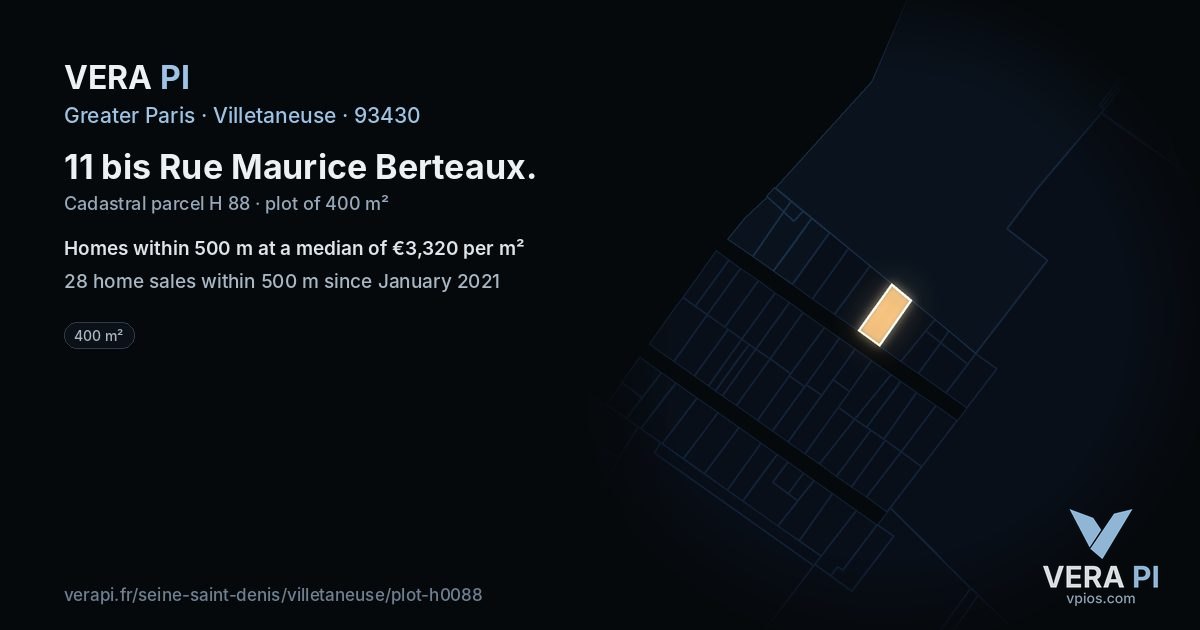 11 bis Rue Maurice Berteaux, Villetaneuse at night – the plot lit, the parcels around coloured by the prices near them