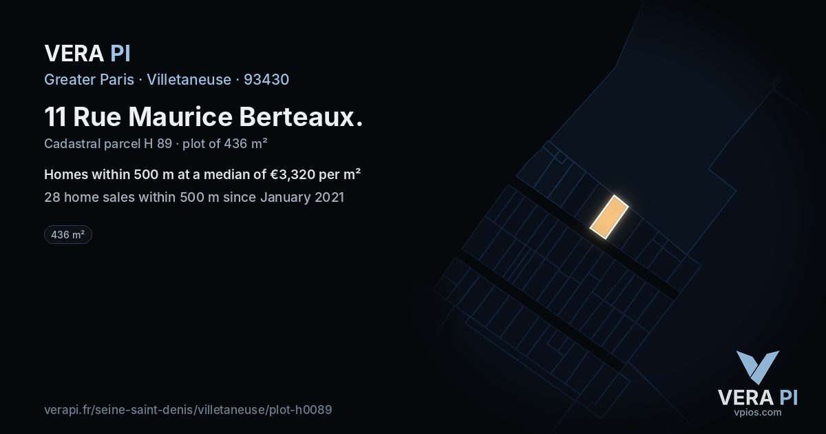 11 Rue Maurice Berteaux, Villetaneuse at night – the plot lit, the parcels around coloured by the prices near them